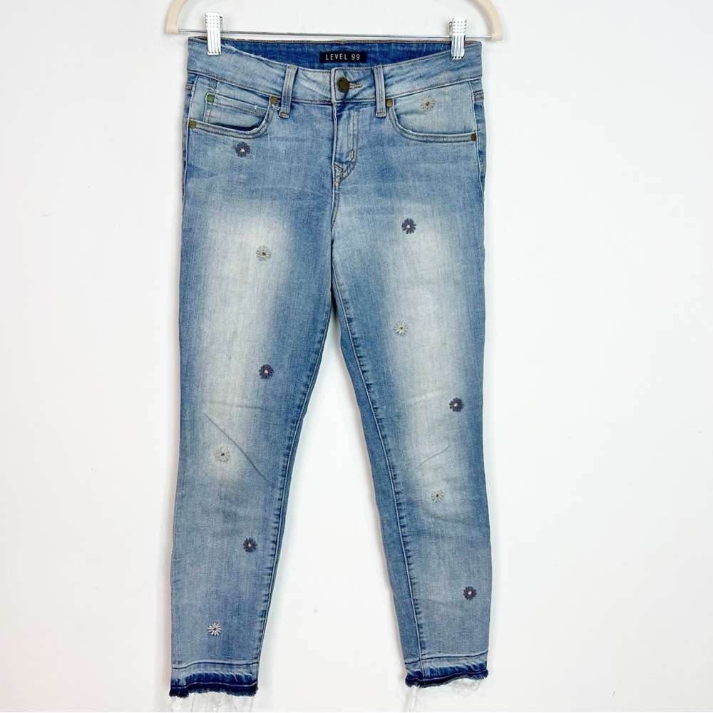 LEVEL 99 FLORAL EMBROIDERED SLIM STRAIGHT FRAY HEM JEANS WOMENS SZ 24
